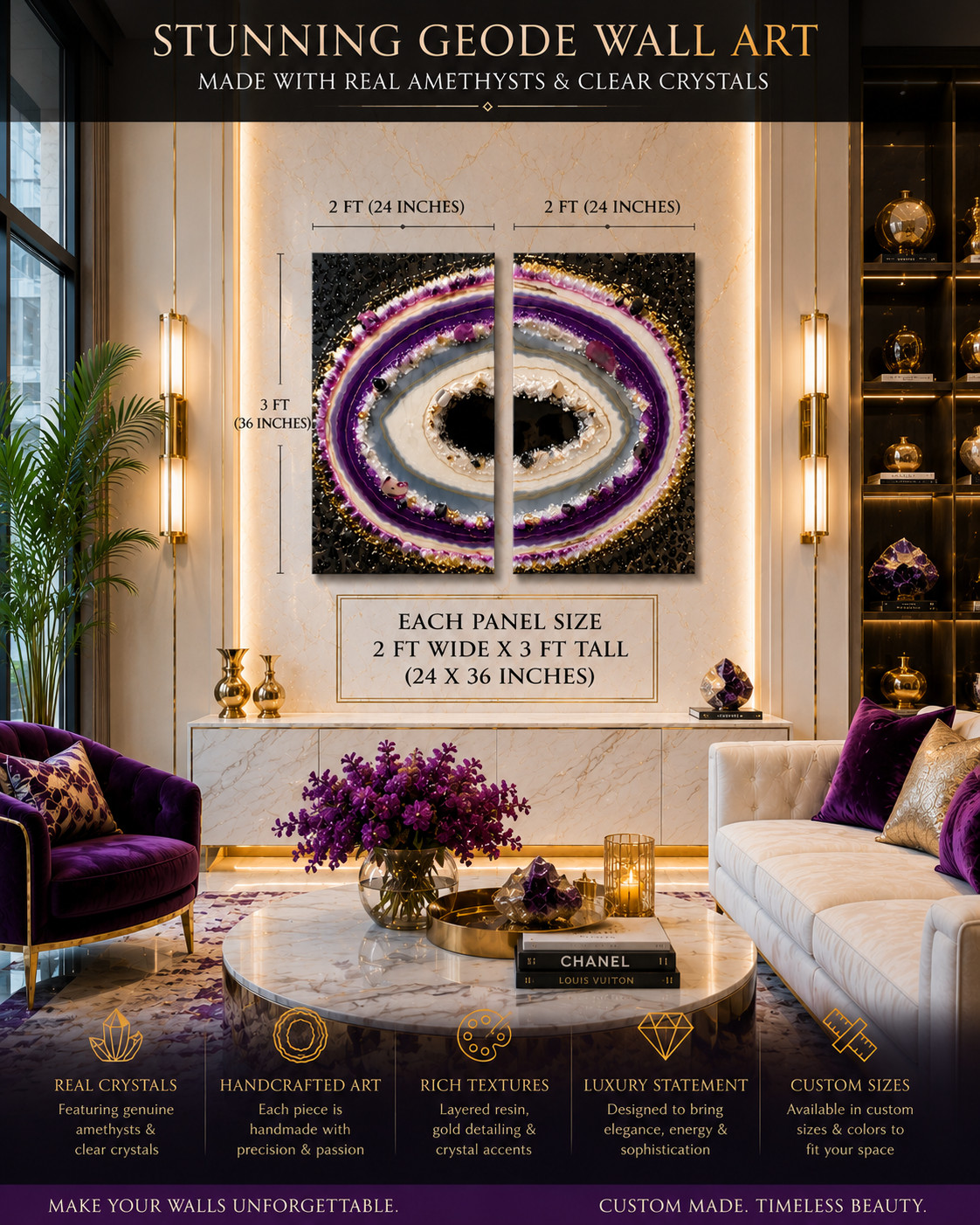 Handcrafted Amethyst Crystal Geode Wall Art